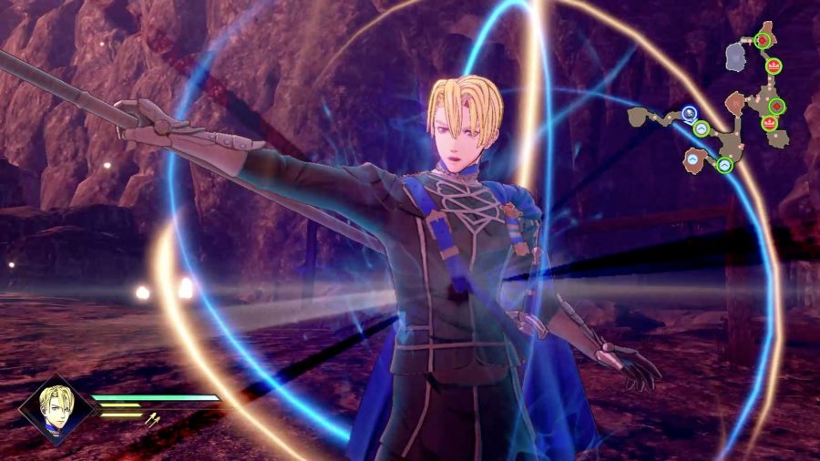 Dimitri wielding his lance in a fighting pose in Fire Emblem Warriors: Three Hopes.