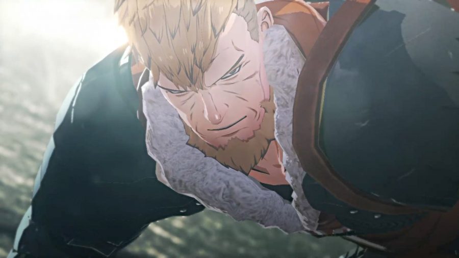 Jeralt, close up, looking rough, lying on the floor, in Fire Emblem Warriors: Three Hopes.