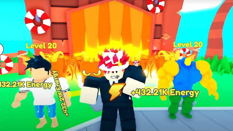 Gym Training Simulator codes: several Roblox characters stand outside and train to get big muscles