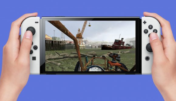 A mock-up of a Half-Life 2 Switch port, showing someone holding a Nintendo Switch with a screenshot from Half-Life 2 on it, showing a beach from a first-person view of a character in a dune buggy.