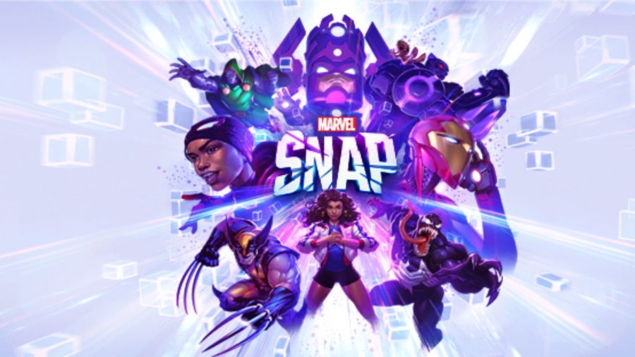 Marvel Snap artwork showing various heroes around the Marvel Snap logo pulling poses.