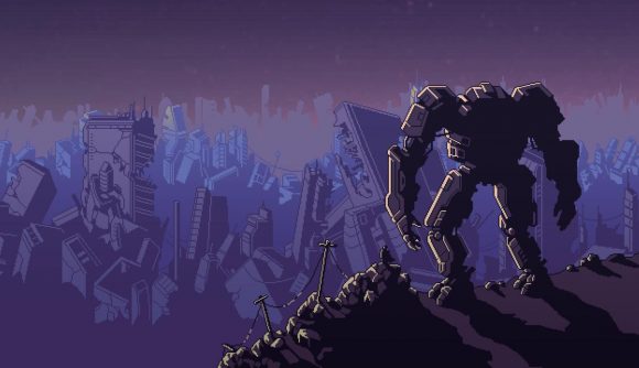 A big mech from Into the Breach standing on a cliff, looking at a ruined landscape.