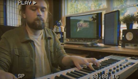 Lo-fi Mario beats: A person with long hair sits in front of a keyboard, while Ocarina of Time plays on a screen behind them