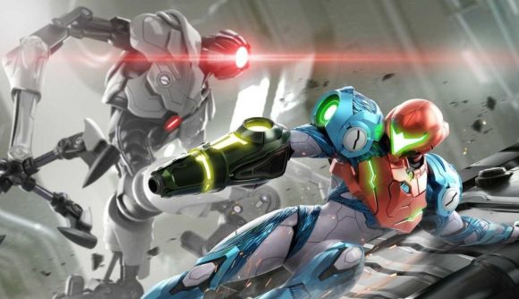 Art from Metroid Dread, a game John Cent reportedly loves, showing Samus going up against a strange, spindly, white robot.
