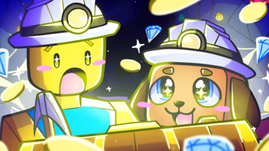 Art for Mining Simulator 2 showing a dog and a Roblox character in mining gear with glittery eyes as they look at underground treasure.