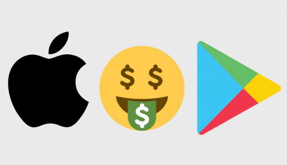 Custom image for mobile game spending article with apple, google play logos and money eye emoji