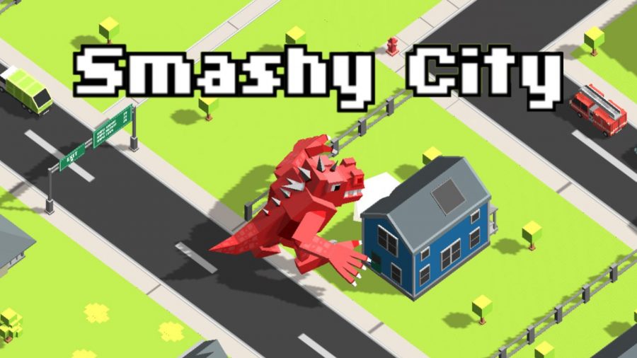 Screenshot of Smash City with a dino destroying a house