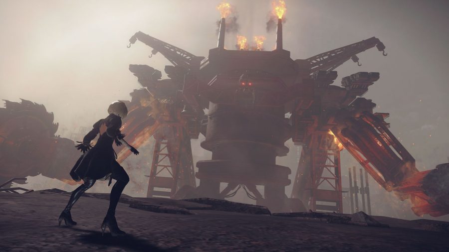 2B from Nier Automata, a female android in a short black dress with short white hair and a blindfold. Her back is to us. She is looking at a giant, oil rig-like mechanical beast, fire spurting off pipes on its back.