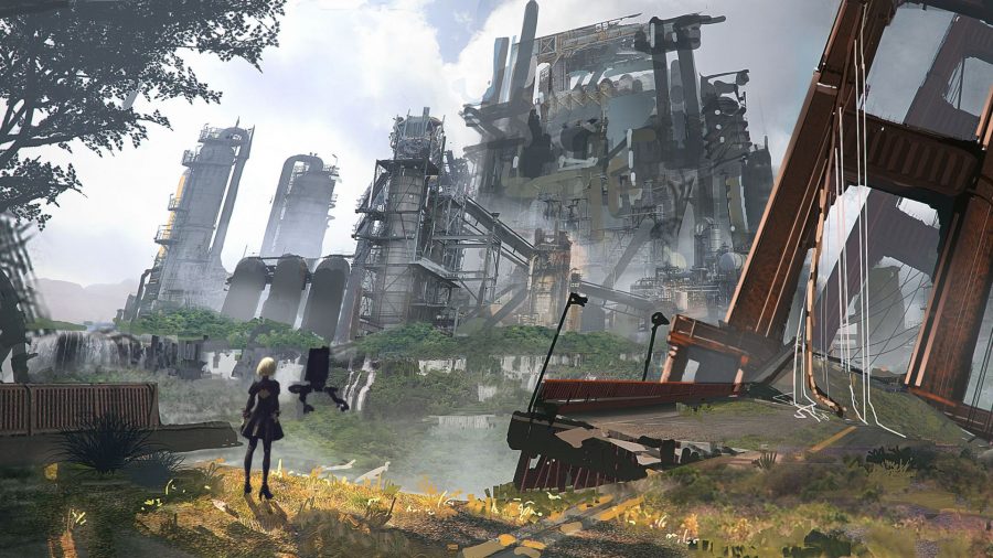 Art for Nier Automata showing 2B - a female android in a short black dress and heels with short white hair over blindfolded eyes - and her pod - like a boxy drone thing - looking at a dilapidated factory. In the foreground is some dying grass. The factory in the distance has plants growing over it.