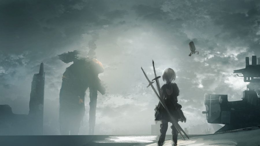 Nier Automata wallpaper of 2B standing in a lake 