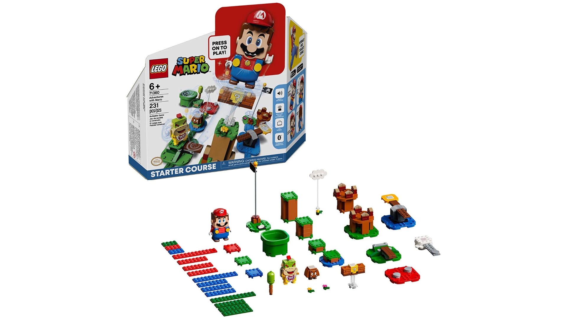 Nintendo gifts: LEGO Mario. Image shows the LEGO Mario starter set laid out beside the box.