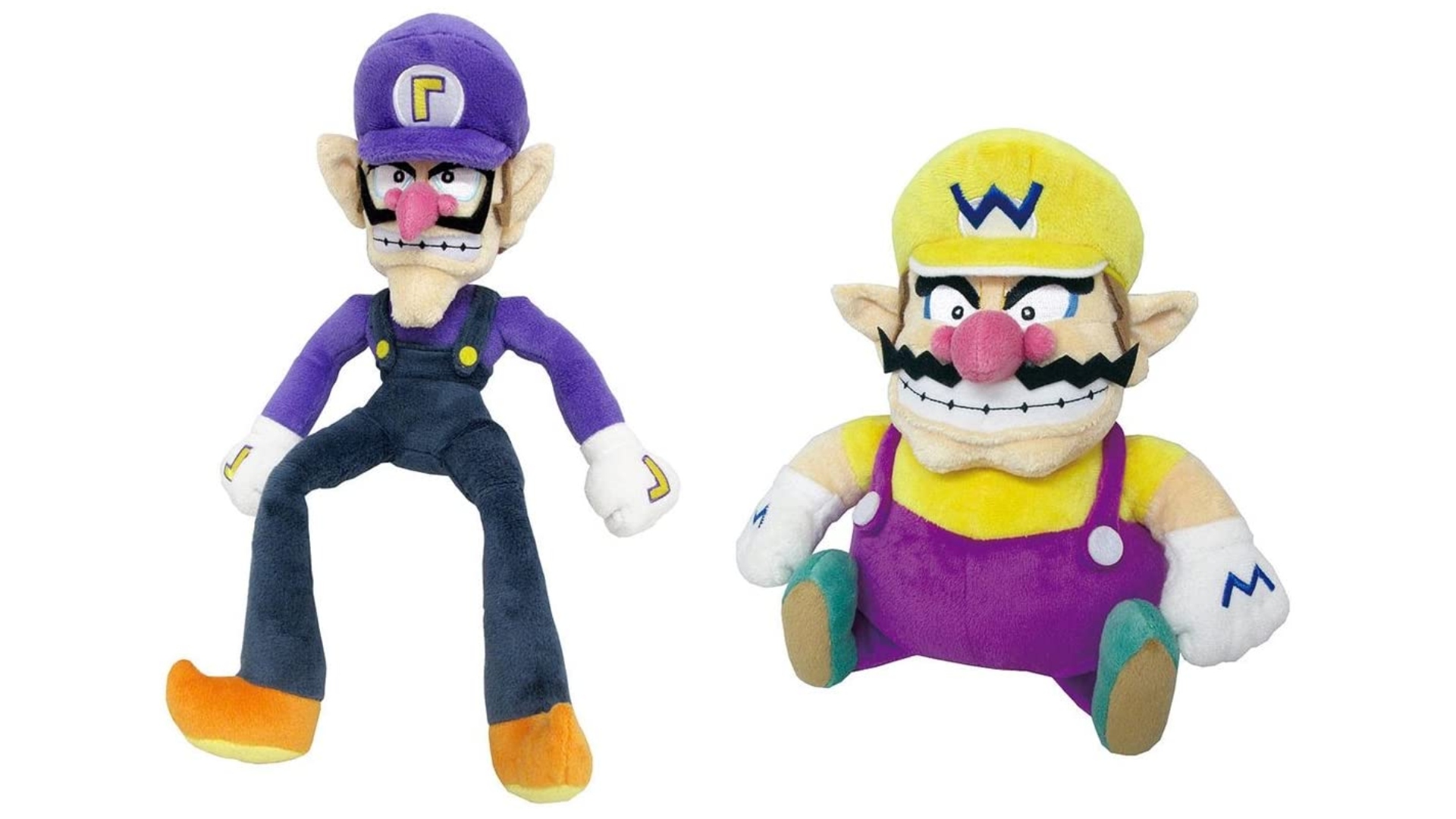 Nintendo gifts: image shows Wario and Waluigi plush toys side by side.