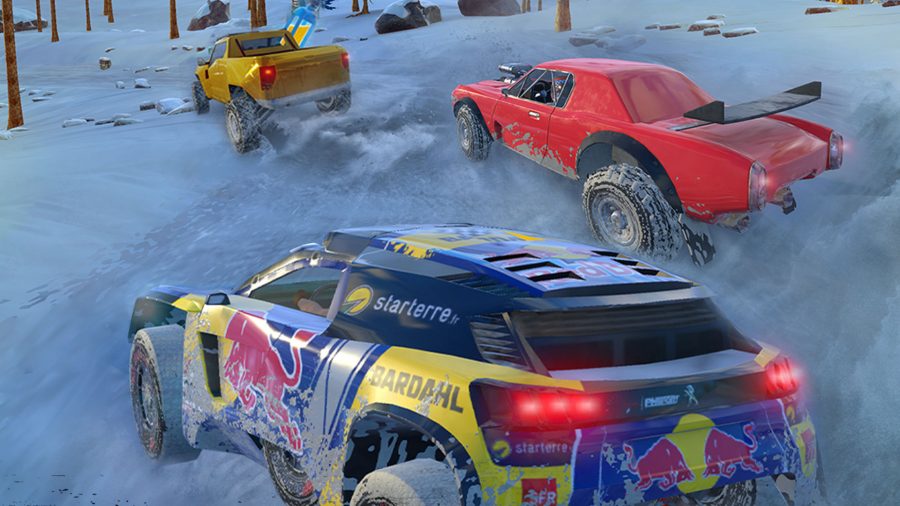 Screenshot of an Offroad Unchained rally race in the snow