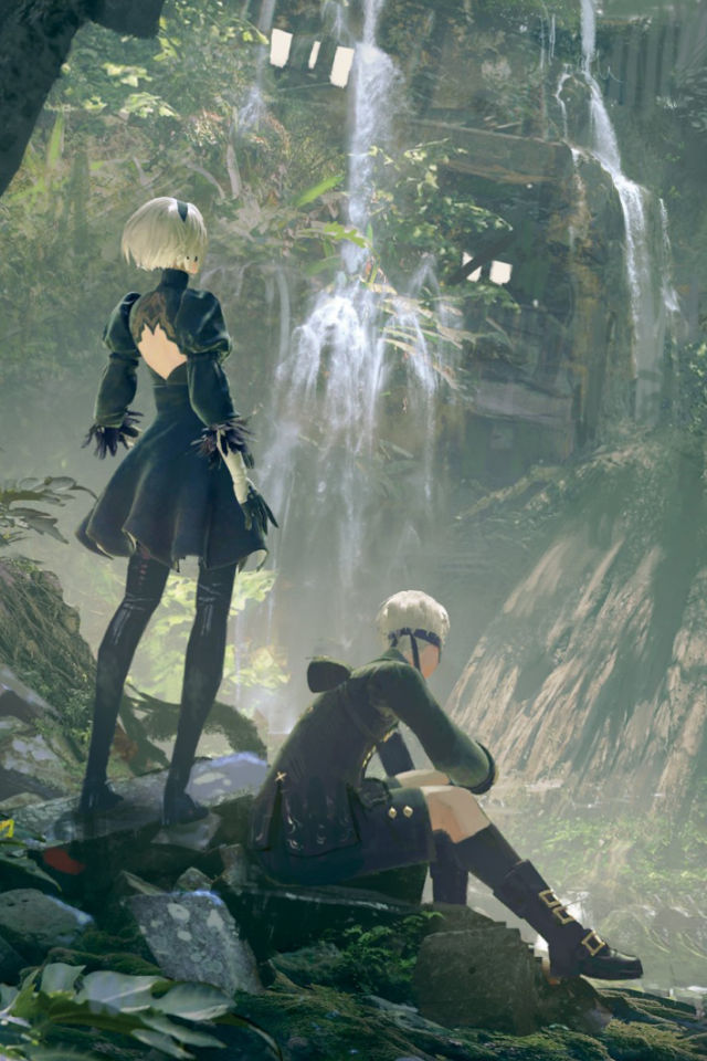 Nier Automata mobile wallpaper of 2B and 9S looking over a waterfall