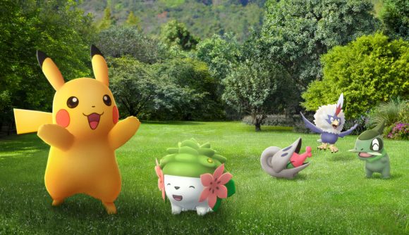 Pikachu and Shaymin having a nice time celebrating Pokémon Go Fest 2022