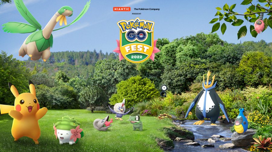 Large key art for Pokémon Go Fest 2022, with a flying tropius, happy shaymin, and watchful Empoleon