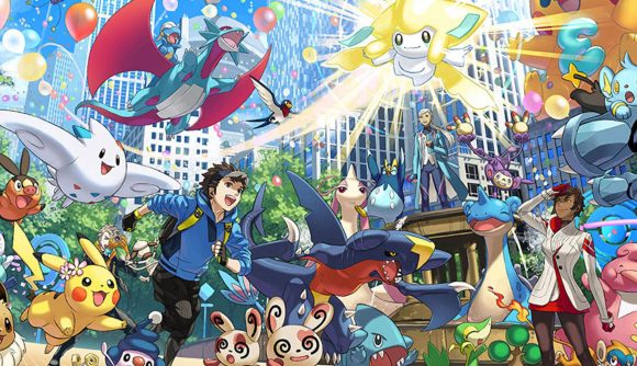 Various Pokémon and trainers running around a city in celebration of Pokémon Go.