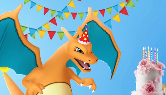 Charizard ready to party and eat all the cake