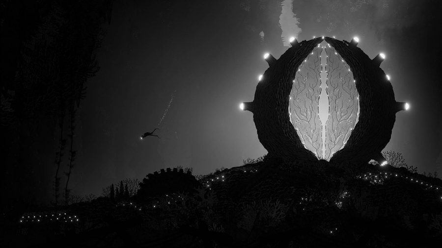 Silt interview: a diver explores a black and white and ominous underwater world, filled with large creatures and huge teeth 