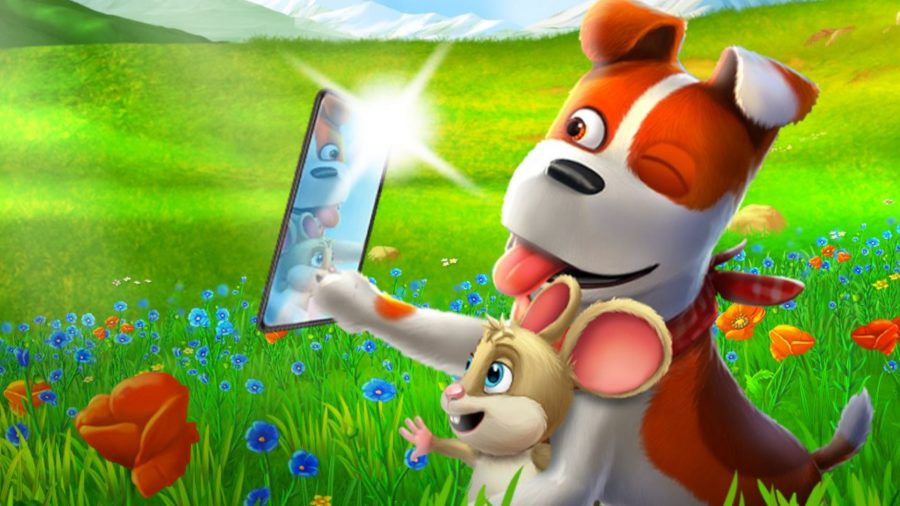Art of mascot dog and mouse taking a selfie for solitaire grand harvest free coins guide