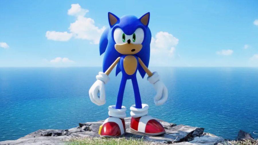 Sonic Frontiers gameplay trailer: Sonic the Hedgehog stands on a cliff edge and looks towards the viewer