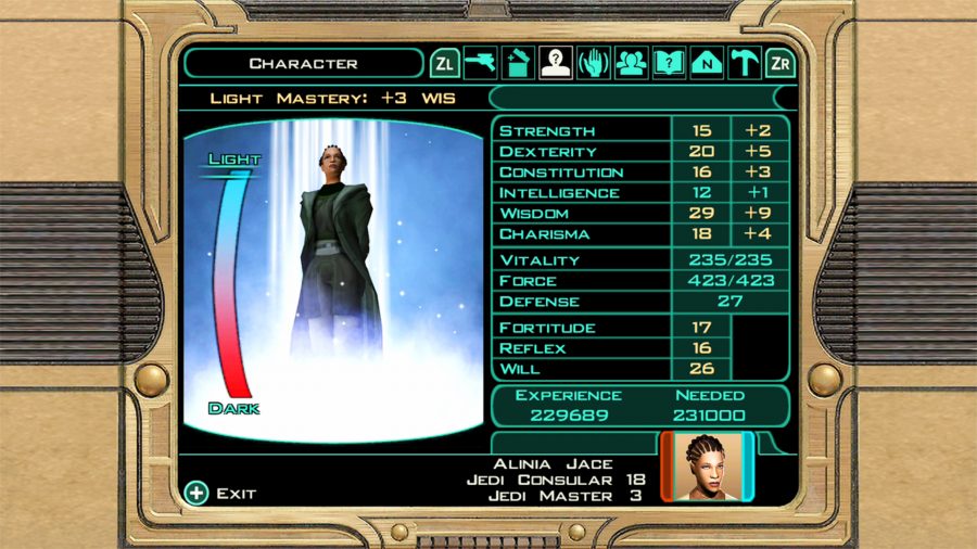 Kotor II review - the player stats screen