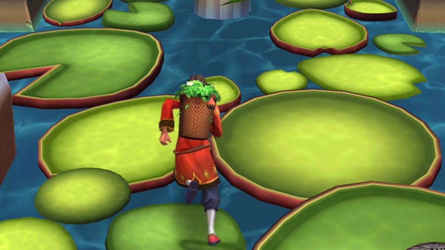 A guy prancing across lily pads