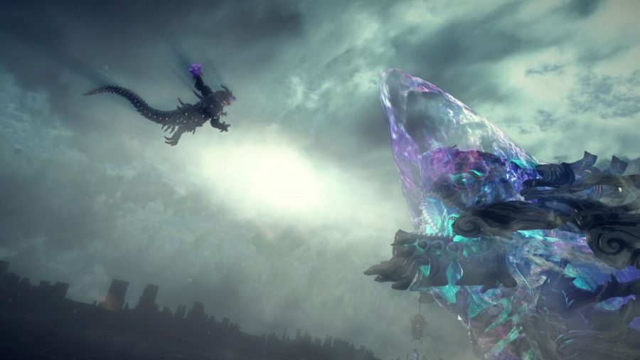 A large beast flying through an overcast sky towards a black cloud with purple and blue light coming out of it.
