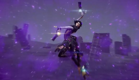 Bayonetta from Bayonetta 3, a glasses wearing witch with a tight black outfit on, high heels, long black hair, and two guns in either hand. She floats in a purple sky, posing with one arm up, one arm out forward, back arched, and one leg kicking up backwards.