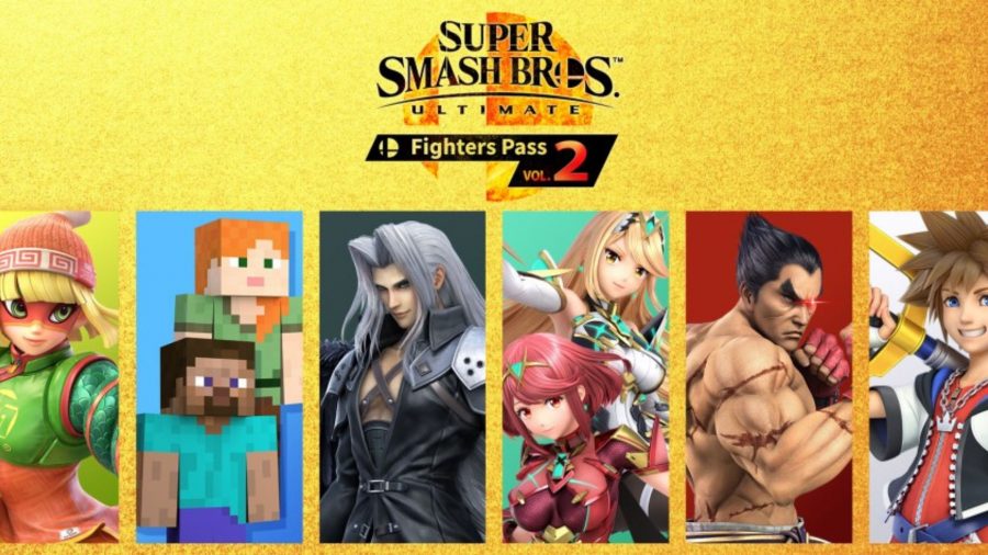 The Super Smash Bros. Ultimate Fighters Pass Vol. 2 art showing Min Min (a bobble hat-wearing blonde haired boxer), Minecraft Steve and Alex (blocky people, one with blue shirt and brown hair, the other with orange hair and green shirt), Sephiroth (mean looking dude with long silver hair), Pyra and Mythra (luxurious anime ladies, one red haired with a red outfit, the other blonde haired with white outfit), Kazuya (topless ripped dude), and Sora (a little boy with a big key). That's from left to right.
