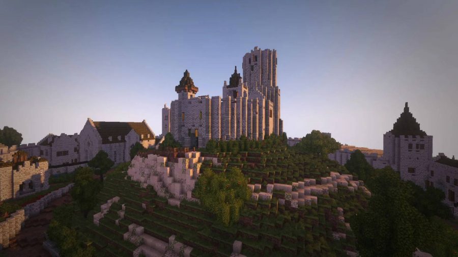 Minecraft servers: a screenshot from the world of Minecraft shows a large cathedral-like building built within the Minecraft engine