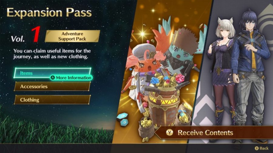 A promo card for the first volume of the Xenoblade Chronicles 3 expansion pass, showing a man and a woman (Noah and Mia) on the right hand side in darker versions of their classic outfits. In the middle is two Noon (little fur ball creatures) in front of a large container overflowing with gold. The text reads: 