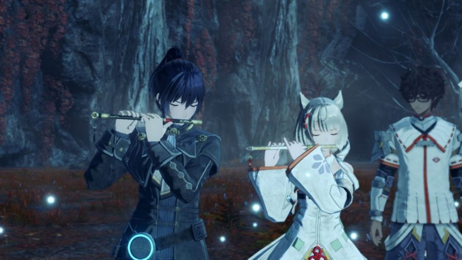 Noah and Mio playing their flutes. Noah is a man with black hair in a ponytail, and a black military outfit. Mio is a woman with cat ears and white hair in a bob, wearing a white and orange military dress.