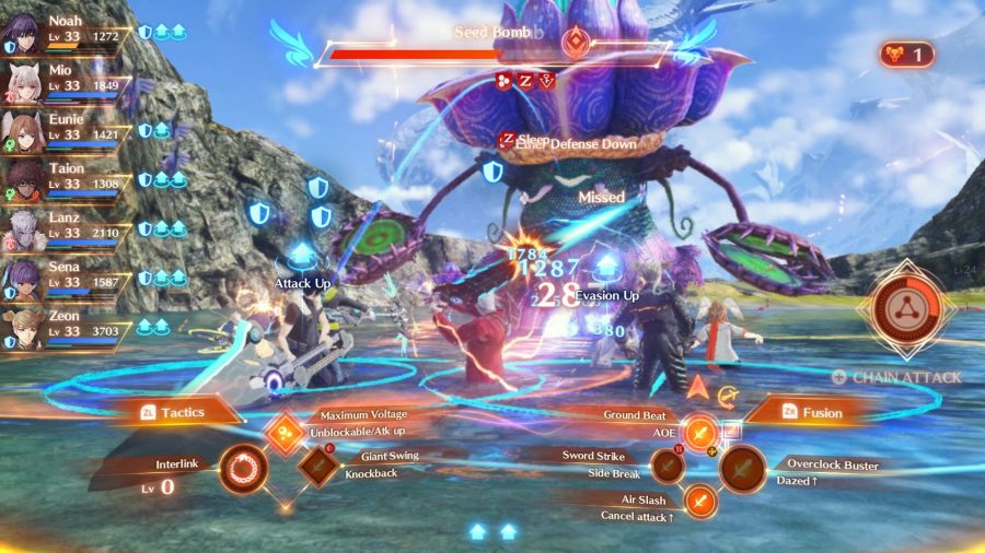 Mid-battle in Xenoblade Chronicles 3. The screen is littered with icons, numbers, and other effects. The party is hard to see, but fighting a giant, flower-like monster. They are stood in water.