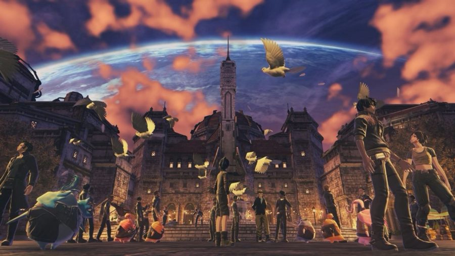 A scene from Xenoblade Chronicles showing a town square with people bustling and birds in the sky. The central building has a large tower coming out of the top. In the sky, you can see a large planet blocking out most of it. It looks like earth.