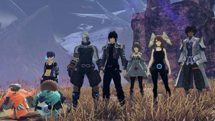 All the party members from Xenoblade Chronicles 3, three men, three women, stood on yellow grass behind two noon (furry ball creatures), one orange, and one blue.