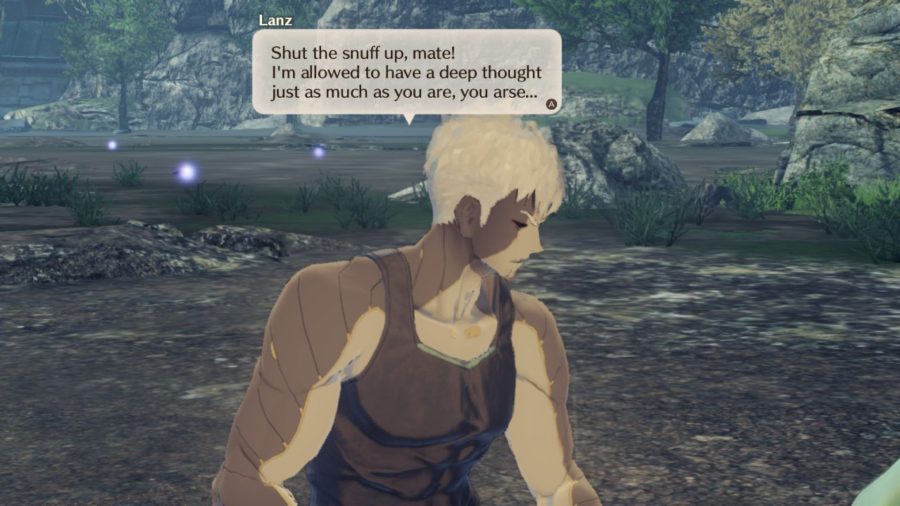 Lanz chatting in Xenoblade Chronicles 3. He is a man with white hair and a two tone body, one colour dark grey, one light grey. He's wearing a black tank top and is saying "Shut the snuff up, mate! I'm allowed to have a deep thought just as much as you are, you arse..."