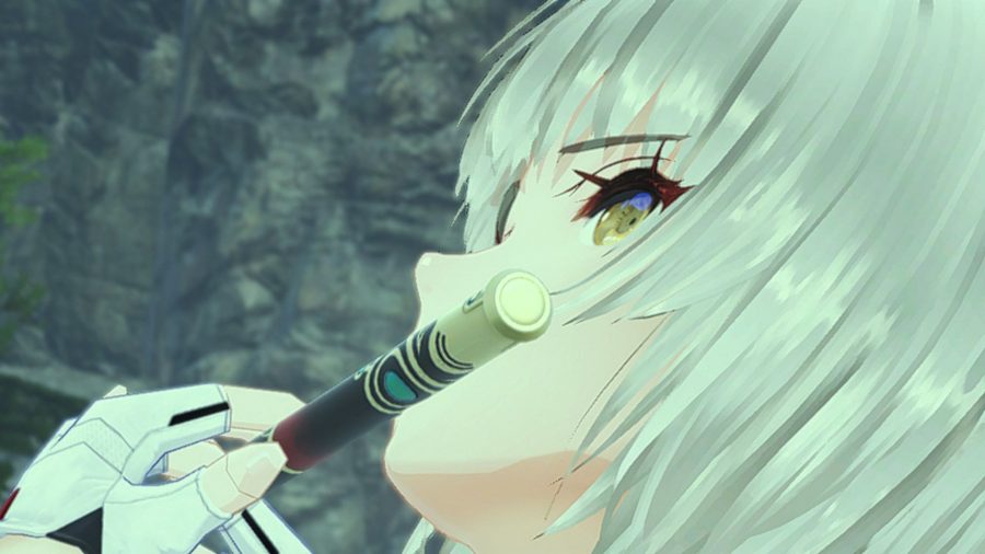 Noah playing the flute in Xenoblade Chronicles 3. The shot is close up on her face, looking upwards, so all you can see is her white hair and white gloves on her hands.