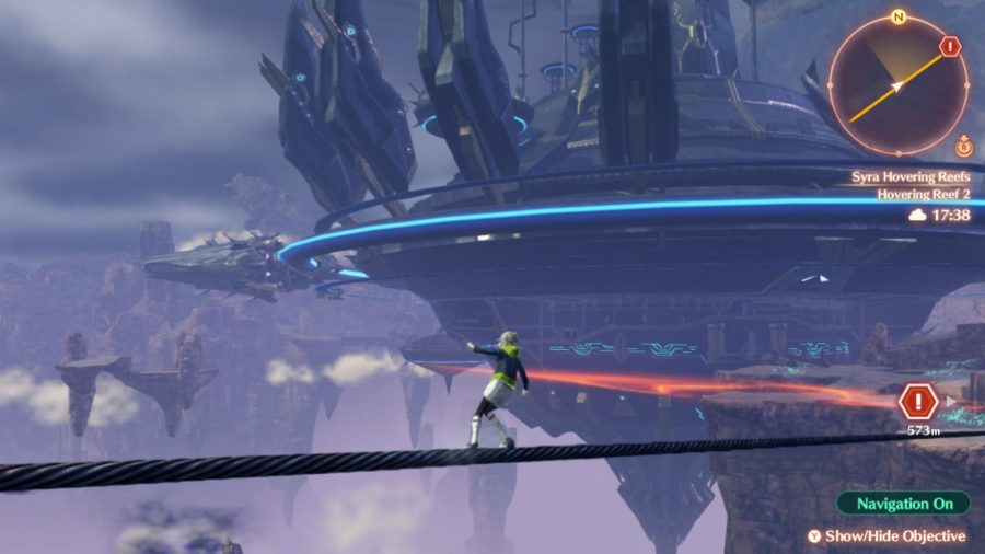 Mio from Xenoblade Chronicles 3 sliding along a wire stretched over a crevice. In the distance is a large structure that looks like a UFO mixed with a spinning top.