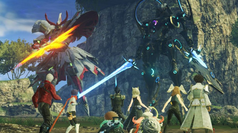 The Xenoblade Chronicles 3 party members facing away from us, looking at two giant mechs. The one on the left is red and white, wielding a giant spear with a flaming tip. The one on the right is blue and black, holding two glowing blue swords.