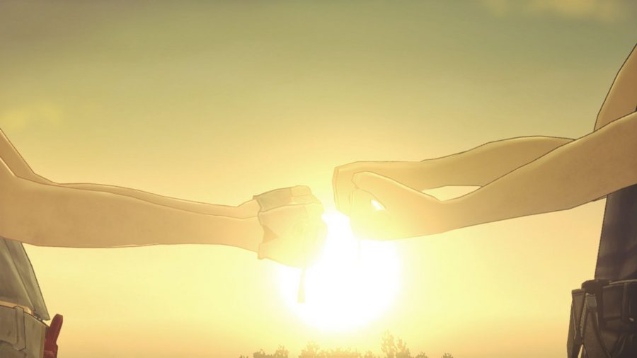 Two people stretching their arms out, each holding a flute, in a shot from Xenoblade Chronicles 3. The sun is right behind their hands, silhouetting them.