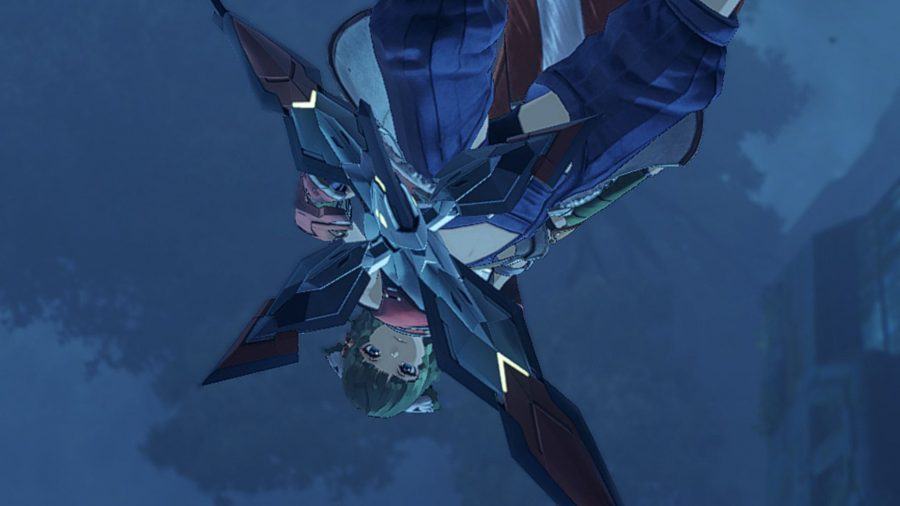 A character from Xenoblade Chronicles 3, looking down on to the floor, directly into the camera (it's in first-person for the player lay on the floor).