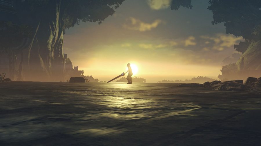 Noah from Xenoblade Chronicles 3 stood on a cliff edge silhouetted by the sun. They are wielding a giant sword.
