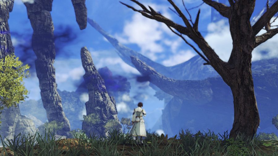 Taion from Xenoblade Chronicles 3, far away, stood on a grassy cliff-edge, looking off it into the distance, to the blue and cloudless sky, large structures of mountains, and strange purple mist.