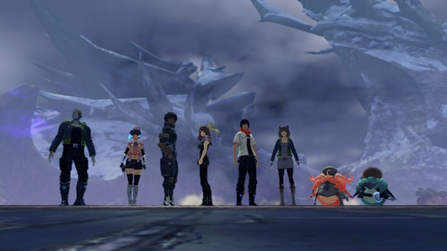 Every party member from Xenoblade Chronicles 3 in a line. In the background is a large structure that almost looks like a dragon, but is just part of the earth. 