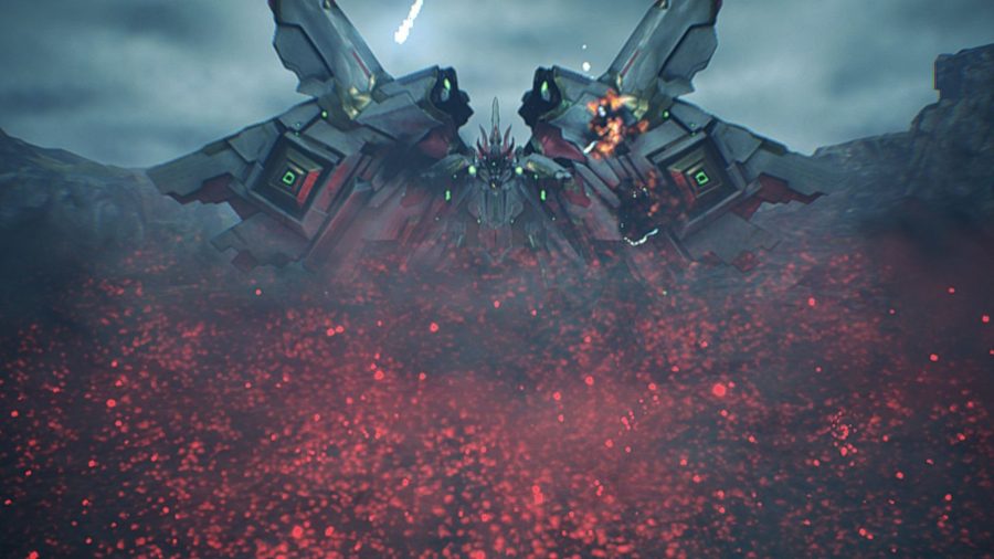 A large mech, with big metal shoulder-type things, and red orbs floating in front of it like dust.
