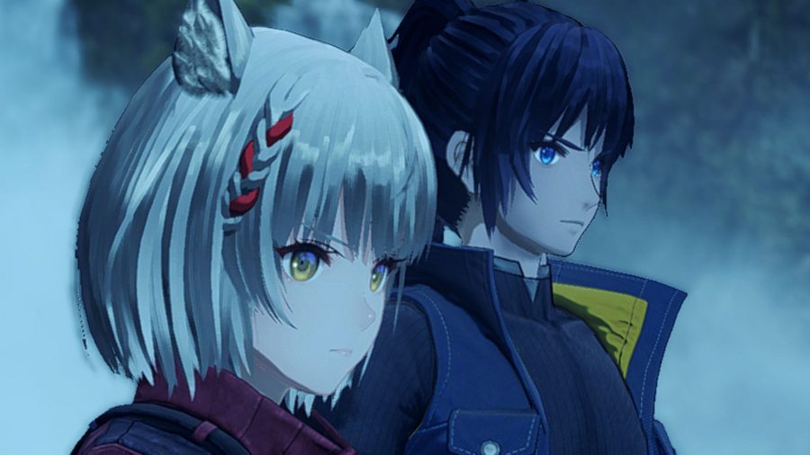 Mio and Noah from Xenoblade Chronicles 3, in a close up shot. You can see Mio's head and red collar. She has white hair, cat ears, and a red and white braid on the side. You can see Noah's blue and yellow jacket and long black hair.