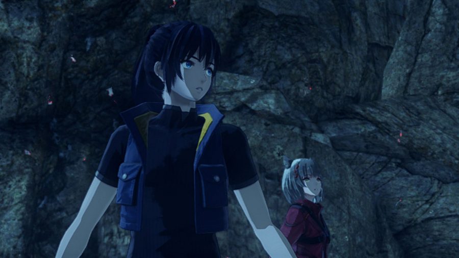 Noah, in a small blue and yellow jacket and black shirt. He has black hair in a ponytail. Next to him and further back is Mio, a woman with white hair and cat ears, wearing a red jacket. They are both from the game Xenoblade Chronicles 3.