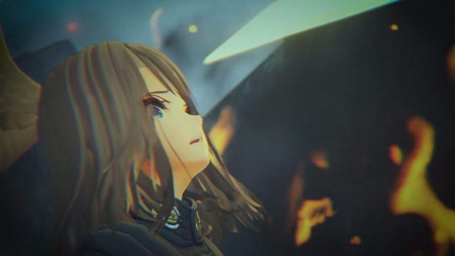 Eunie, a long-ish brown haired woman with tiny wings on her head, in a screenshot from Xenoblade Chronicles 3. She looks scared, as flames rise behind her and the tip of a sword is inches from her forehead.