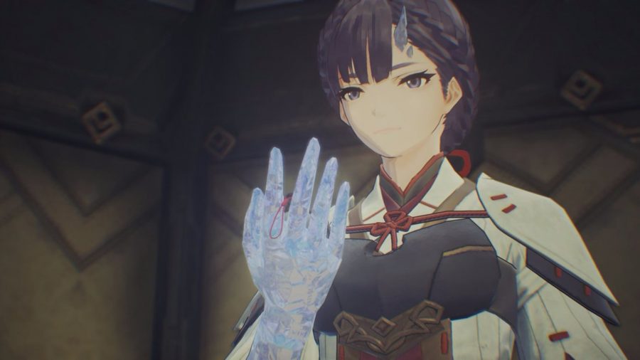 A character from Xenoblade Chronicles 3 looking at their hand, which is strange and crystalline. They have brown hair, a strange white and black outfit on. They look sad.